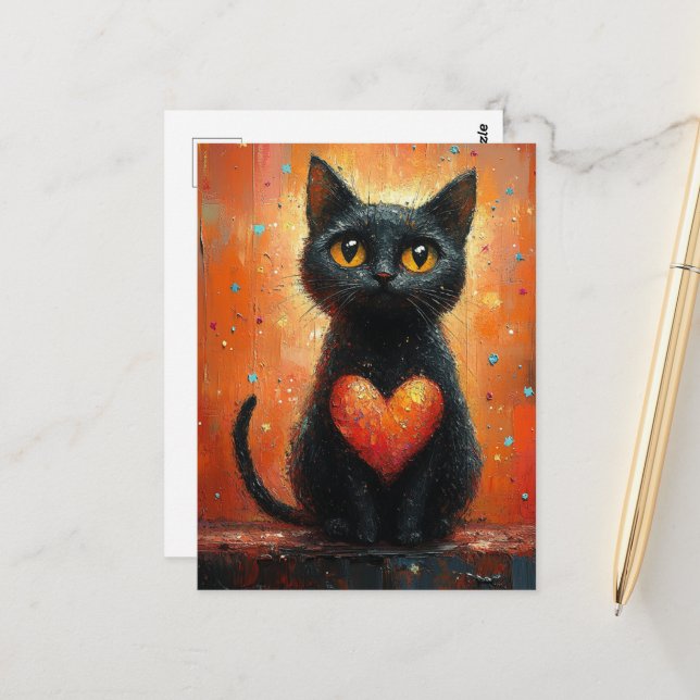Carte Postale Chat noir et coeur (Devant/Arrière en situation)
