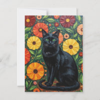 Chat noir et fleurs d'art populaire colorées