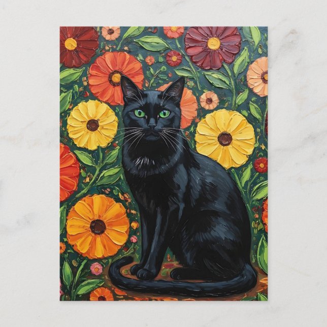 Carte Postale Chat noir et fleurs d'art populaire colorées (Devant)