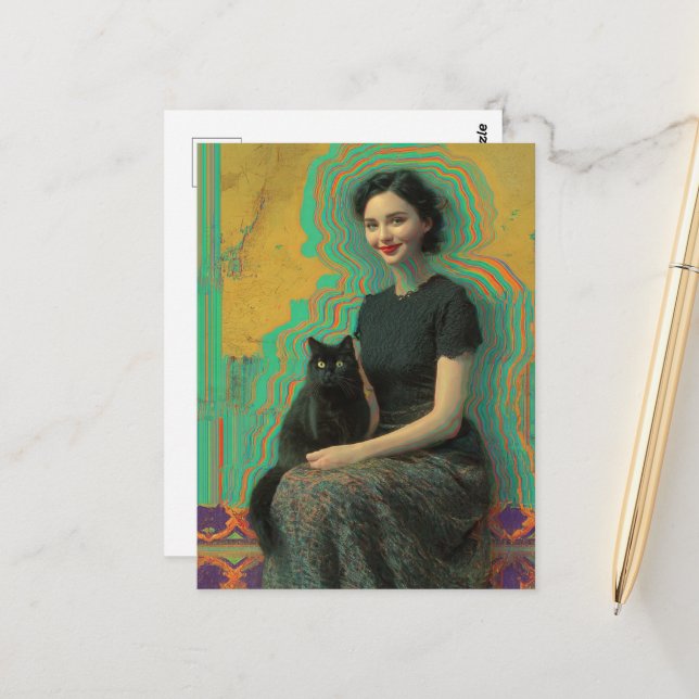 Carte Postale Chat noir et glitch de dame (Devant/Arrière en situation)