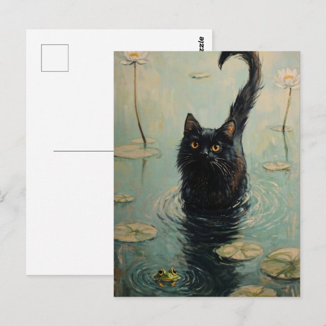 Carte Postale Chat noir et grenouille dans l'étang Lily (Devant / Derrière)