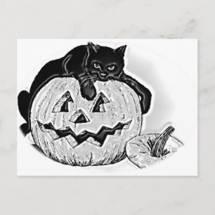 Carte Postale Chat noir et Halloween Citrouille Éffrayant