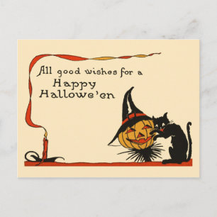 Carte Postale Chat noir et Jack-o-lanterne