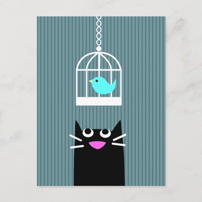Carte Postale Chat noir et oiseau bleu en cage à oiseaux (Devant)
