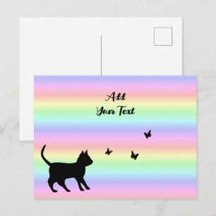 Carte Postale Chat noir et papillon sur arc-en-ciel