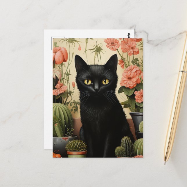 Carte Postale Chat noir et plantes de cactus (Devant/Arrière en situation)