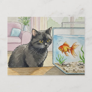 Carte postale Chat noir et Poisson rouge