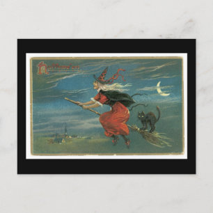 Carte Postale Chat noir et sorcière d'Halloween