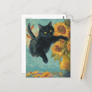 Carte Postale Chat noir et un vase de tournesol