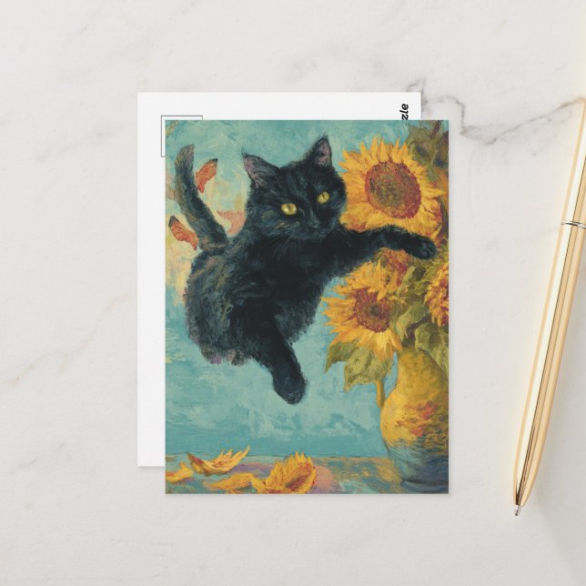 Carte Postale Chat noir et un vase de tournesol (Devant/Arrière en situation)