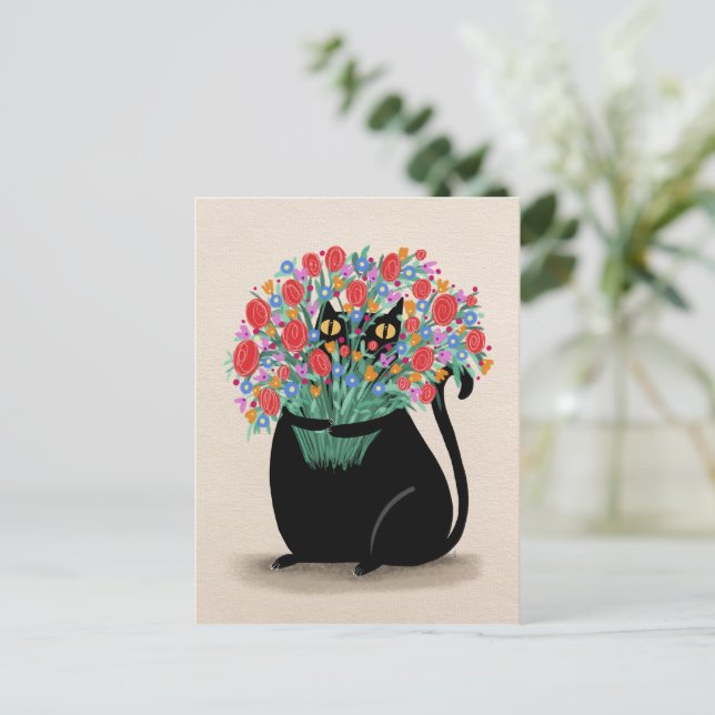 Carte Postale Chat noir & fleurs (Debout devant)