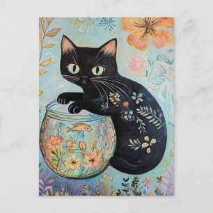 Carte Postale Chat noir floral avec poisson rouge 