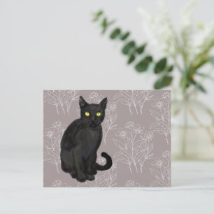Carte Postale chat noir fond floral