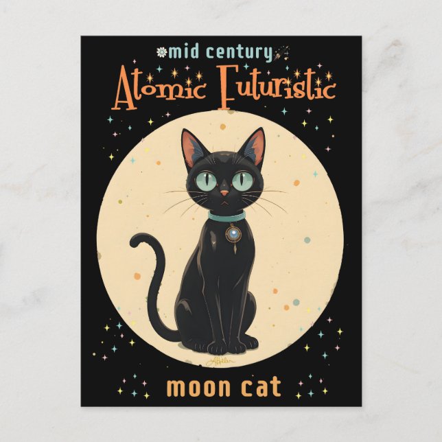 Carte Postale Chat noir futuriste atomique avec lune et texte (Devant)