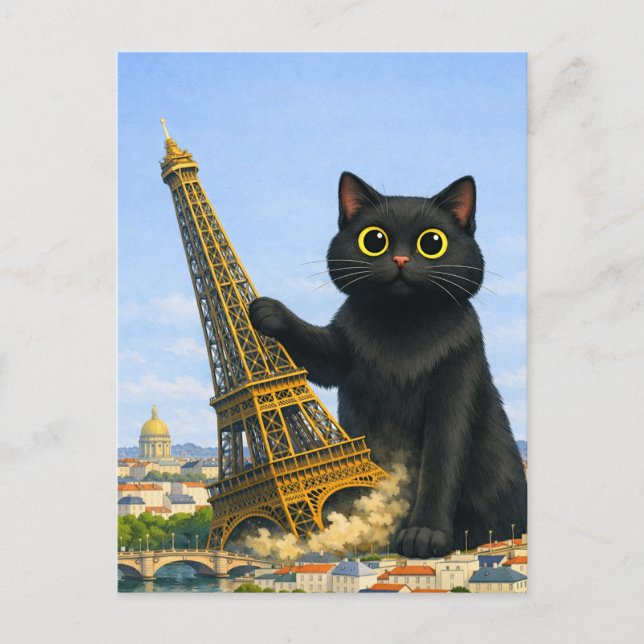 Carte Postale Chat Noir Géant Drôle Renverse la Tour Eiffel  (Devant)