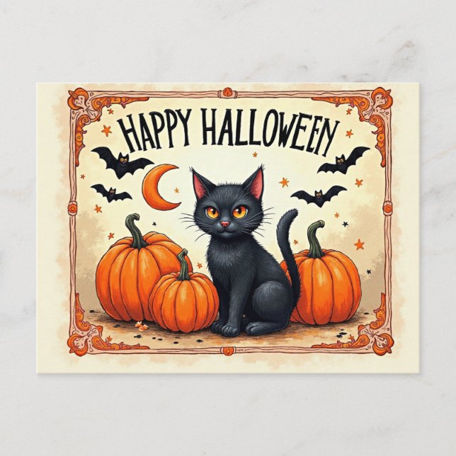 Carte Postale Chat noir Halloween (Devant)