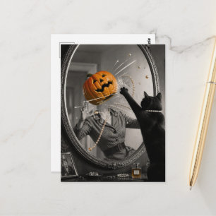 Carte Postale Chat noir Halloween assomme la dame à la citrouill