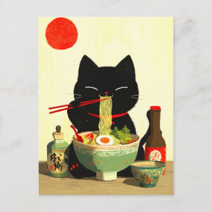 Carte Postale Chat noir heureux mangeant du Ramen Ukiyo-e japo
