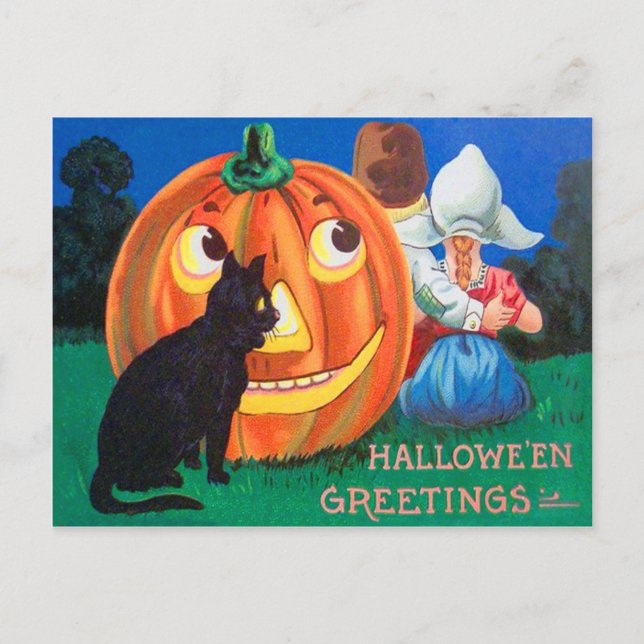 Carte Postale Chat noir Jack-o'-lantern Citrouille enfants (Devant)