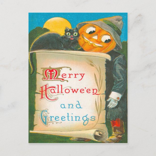 Carte Postale Chat noir Jack-o'-lantern Scarecrow (Devant)