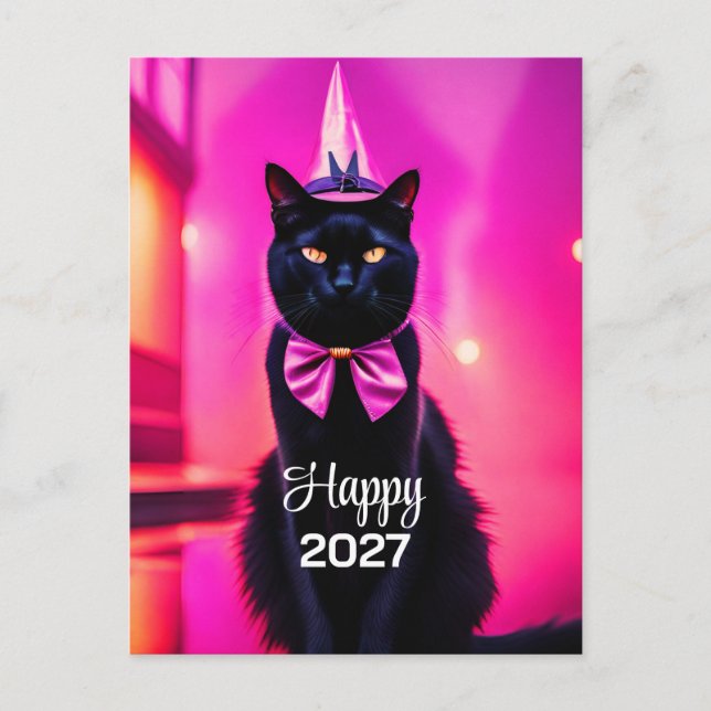 Carte Postale Chat noir jazzy 2027 vœux (Devant)