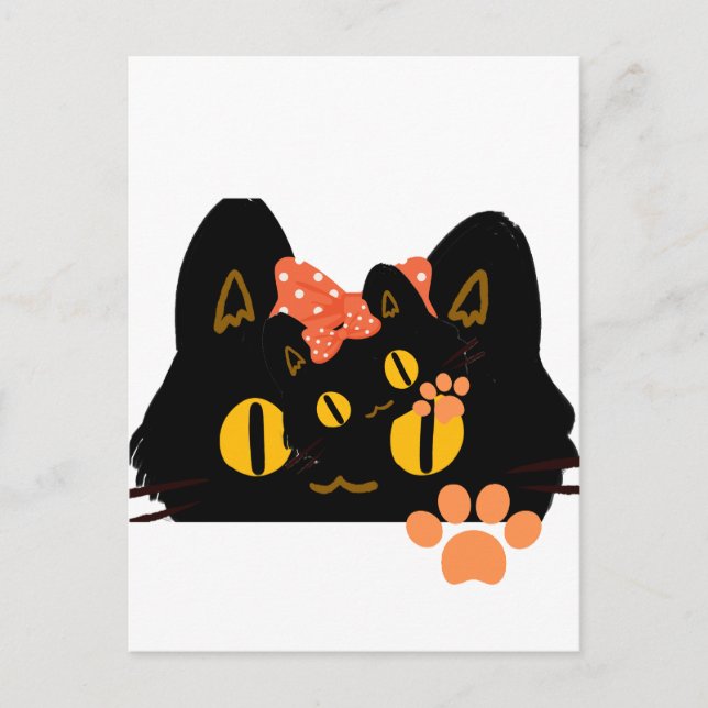 Carte Postale Chat noir kawaii en art à cache-cache avec un nœud (Devant)