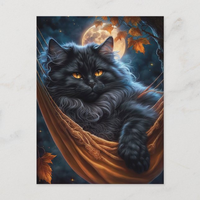 Carte Postale Chat noir lunaire sous la lune d'Halloween (Devant)