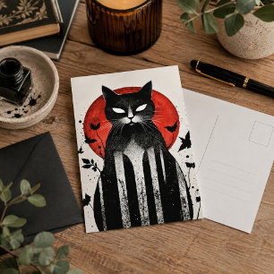 Carte Postale Chat noir Lune rouge Art gothique Halloween