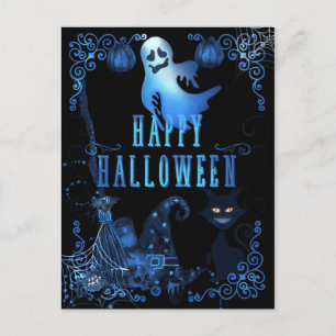 Carte Postale Chat Noir Magique Bonne Halloween Lumières Bleues 