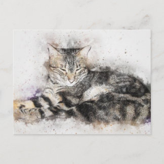 Carte Postale Chat noir marron et blanc à l'aquarelle