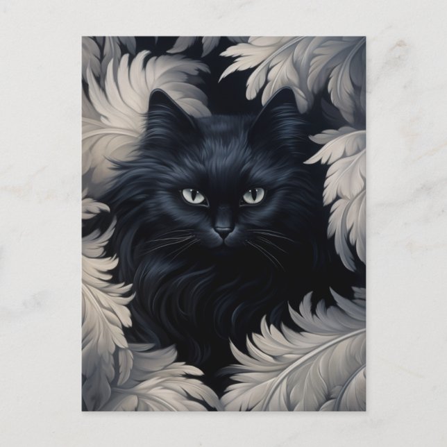 Carte Postale Chat Noir Mélange En Fleurs De Fleurs Blanches Ent (Devant)