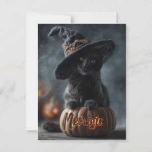 Carte Postale Chat noir "méowgic" éffrayant dans un Casquette so
