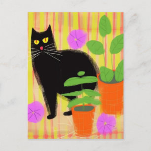 Carte Postale Chat noir mignon dans les plantes domestiques