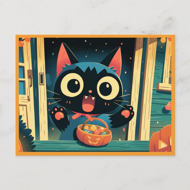 Carte Postale Chat noir mignon ou traiter Halloween (Devant)