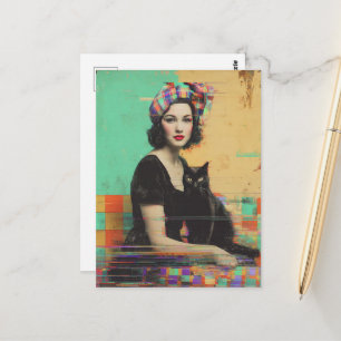 Carte Postale Chat noir rétro et dame Glitch