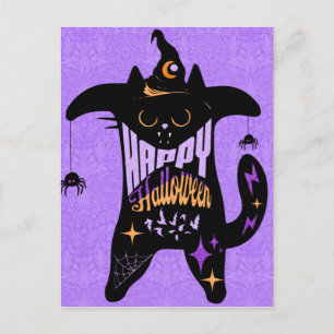 Carte Postale Chat noir rétro sorcière drôle Halloween 