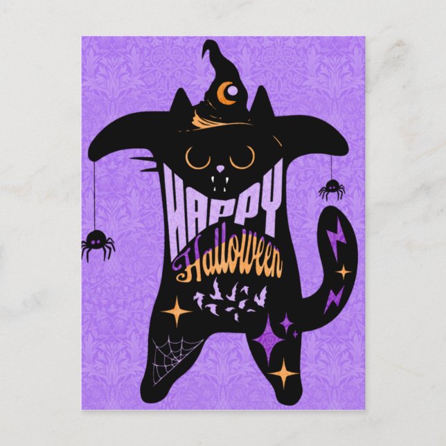 Carte Postale Chat noir rétro sorcière drôle Halloween  (Devant)
