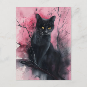 Carte Postale Chat noir rose abstrait portrait surréaliste peint