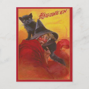 Carte Postale Chat noir sorcier Halloween Vintage