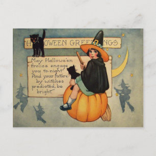 Carte Postale Chat noir sorcière citrouille croissant de lune