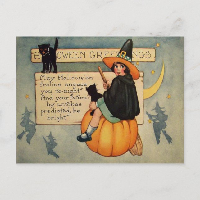 Carte Postale Chat noir sorcière citrouille croissant de lune (Devant)
