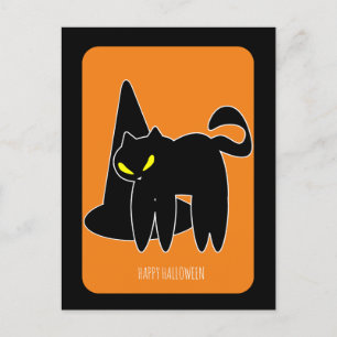 Carte Postale Chat noir sorcière Halloween vintage