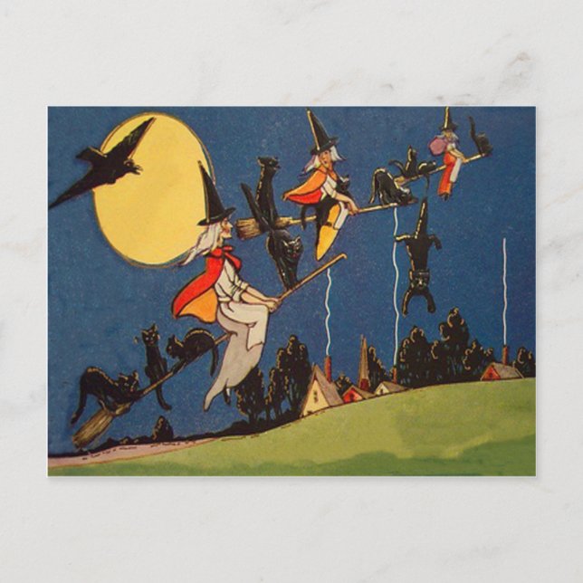 Carte Postale Chat noir sorcière volant lune corbeau (Devant)