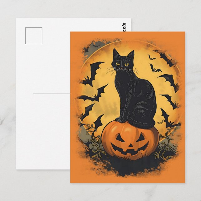 Carte Postale Chat noir sur citrouille d'Halloween (Devant / Derrière)