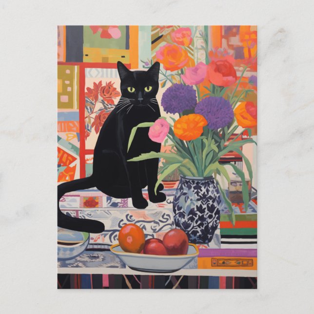 Carte Postale Chat noir sur la table avec livres fleurs fruits (Devant)