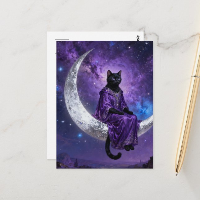 Carte Postale Chat noir sur le croissant de lune  (Devant/Arrière en situation)