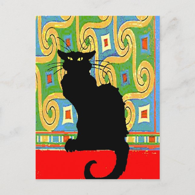 Carte Postale Chat noir sur papier peint Abstrait (Devant)
