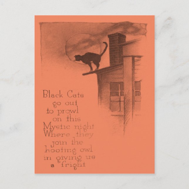 Carte Postale Chat Noir Sur Toit Pleine Lune (Devant)