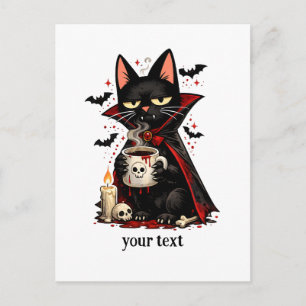 Carte Postale Chat noir vampire drôle Café Crâne Halloween