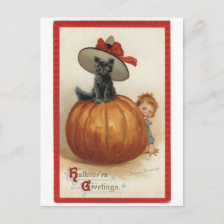 Carte Postale Chat noir vintage avec Casquette sorcier